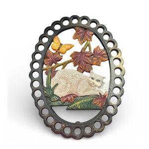 Vintage Retro Cat Butterfly Leaves Painted Cast Iron Trivet Kitchen Cottage Deco